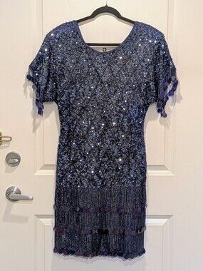 EUC 80s Scala L Vintage Blue Sequined Dress with Beaded Fringe
